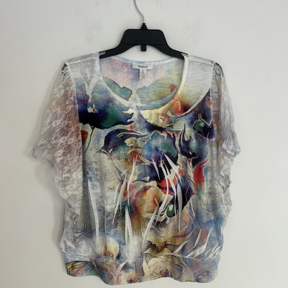 Style & Co Women's XL Watercolor Sheer Lace Short Sleeve Art To Wear Blouse